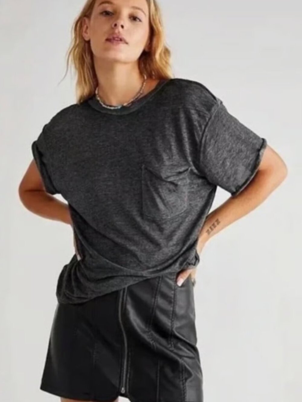 WE THE FREE PEOPLE VELLA TEE WASHED HEATHER BLACK NEW XL